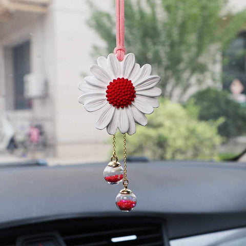 Daisy Car Hanging Ornaments for Women Girls Cute Sunflower Car Rear View Mirror Hanging Charms Automotive Interior Aesthetic Decoration Accessories Gift (White & Red)