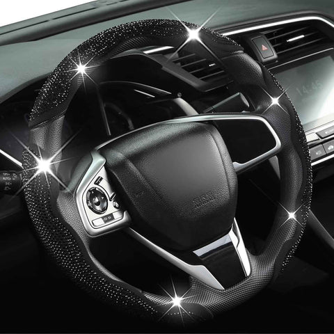 Diamond Bling Car Steering Wheel Cover with Crystal Rhinestones,3PCS Segmented Steering Wheel Protector,Universal for 99% Cars for Women(Black with Black Diamond)