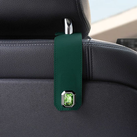Darrahopens Auto Accessories > Auto Accessories Others > Automotive Decor Green Car Multi-Functional PU Leather Hook with Crystal Decoration – Hidden Storage Hook for Front and Rear Seats (Set of 2)