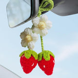 Darrahopens Auto Accessories > Auto Accessories Others > Automotive Decor Handmade Crochet Red Strawberry and Flower Car Rear View Mirror Hanging Ornament - Cute Aesthetic Car Accessories for Women and Teens