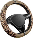 Leopard Steering Wheel Cover for Women, Cute Anti-Slip Microfiber Leather, Fits D Shape Flat Bottom Steering Wheel 14.5-15 Inch - Beige