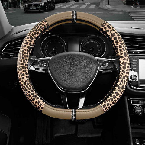 Leopard Steering Wheel Cover for Women, Cute Anti-Slip Microfiber Leather, Fits D Shape Flat Bottom Steering Wheel 14.5-15 Inch - Beige