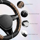 Leopard Steering Wheel Cover for Women, Cute Anti-Slip Microfiber Leather, Fits D Shape Flat Bottom Steering Wheel 14.5-15 Inch - Black