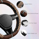 Leopard Steering Wheel Cover for Women, Cute Anti-Slip Microfiber Leather, Fits D Shape Flat Bottom Steering Wheel 14.5-15 Inch - Brown