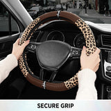 Darrahopens Auto Accessories > Auto Accessories Others > Automotive Decor Leopard Steering Wheel Cover for Women, Cute Anti-Slip Microfiber Leather, Fits D Shape Flat Bottom Steering Wheel 14.5-15 Inch - Brown
