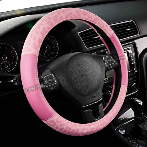 Leopard Steering Wheel Cover for Women, Cute Anti-Slip Microfiber Leather, Universal Fit 14.5-15 Inch Round Steering Wheel - Full Pink