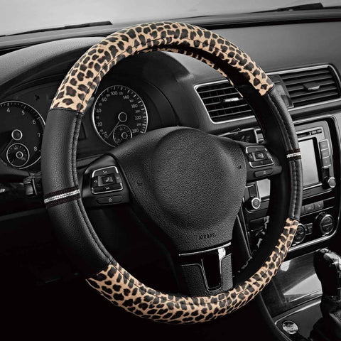 Leopard Steering Wheel Cover - Made with PVC Leather Cheetah Print - Anti-Slip, Universal Fit 14 1/2 inches to 15 inches - Black