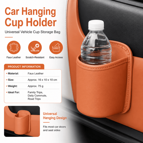 Darrahopens Auto Accessories > Auto Accessories Others > Automotive Decor Orange Universal Car Door Cup Holder - PU Leather Hanging Storage Organizer for Seat Back and Console side and Door storage compartment - Multi-Purpose Beverage Pocket with Secure Clip Design for Travel and Commute In Australia - Darrahopens