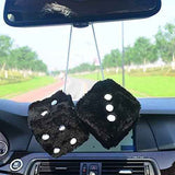 Pair 3” Black with White Dots Mirror Fuzzy Plush Dice, Black and White Soft Plush Car Decorative Hanging Ornament.
