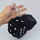 Pair 3” Black with White Dots Mirror Fuzzy Plush Dice, Black and White Soft Plush Car Decorative Hanging Ornament.