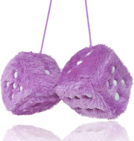 Pair 3” Purple with White Dots Mirror Fuzzy Plush Dice, Purple and White Soft Plush Car Decorative Hanging Ornament