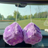 Pair 3” Purple with White Dots Mirror Fuzzy Plush Dice, Purple and White Soft Plush Car Decorative Hanging Ornament