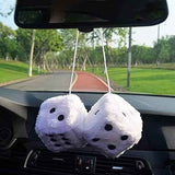 Pair 3” White with Black Dots Mirror Fuzzy Plush Dice, White and Black Soft Plush Car Decorative Hanging Ornament.