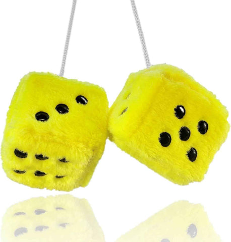 Pair 3” Yellow with Black Dots Mirror Fuzzy Plush Dice,Yellow and Black Soft Plush Car Decorative Hanging Ornament