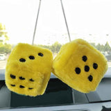 Pair 3” Yellow with Black Dots Mirror Fuzzy Plush Dice,Yellow and Black Soft Plush Car Decorative Hanging Ornament