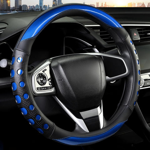 Darrahopens Auto Accessories > Auto Accessories Others > Automotive Decor PU Leather Car Steering Wheel Cover with Non-Slip Grip, Suitable for Both Men and Women, Universal Fits 14.5-15 Inch Cars, Trucks, SUVs (Blue (Round), Medium (Standard) Size [14 1/2-15 Inches])