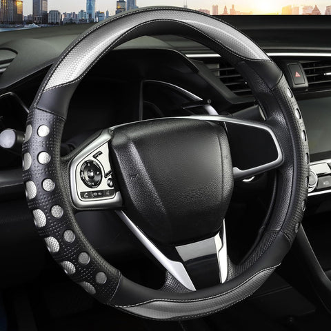 Darrahopens Auto Accessories > Auto Accessories Others > Automotive Decor PU Leather Car Steering Wheel Cover with Non-Slip Grip, Suitable for Both Men and Women, Universal Fits 14.5-15 Inch Cars, Trucks, SUVs (Grey (Round), Medium (Standard) Size [14 1/2-15 Inches])