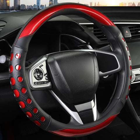 Darrahopens Auto Accessories > Auto Accessories Others > Automotive Decor PU Leather Car Steering Wheel Cover with Non-Slip Grip, Suitable for Both Men and Women, Universal Fits 14.5-15 Inch Cars, Trucks, SUVs (Red (Round), Medium (Standard) Size [14 1/2-15 Inches])