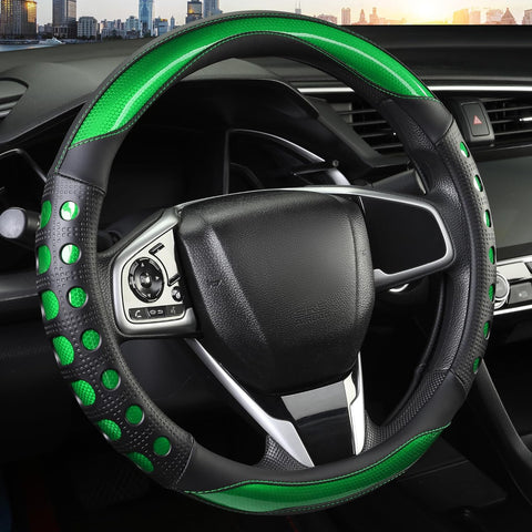 Darrahopens Auto Accessories > Auto Accessories Others > Automotive Decor PU Leather Car Steering Wheel Sleeve with Non-Slip Grip, Suitable for Both Men and Women, Universal Fits 14.5-15 Inch Cars, Trucks, SUVs (Green (Round), Medium (Standard) Size [14 1/2-15 Inches]) )