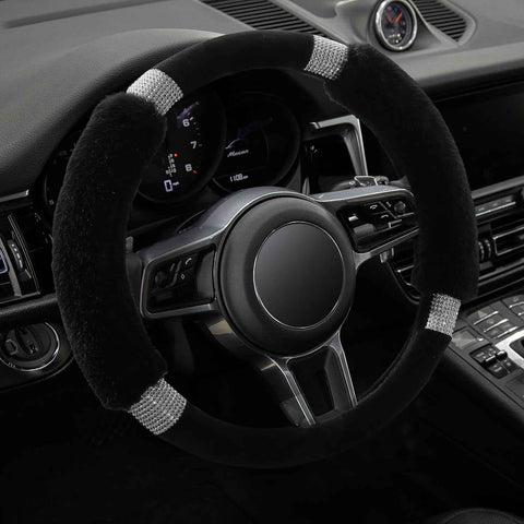 Rhinestone Fluffy Steering Wheel Cover - Comfortable Non-Slip Luxury Faux Wool, Universal Fit for 14.5" to 15" Steering Wheels