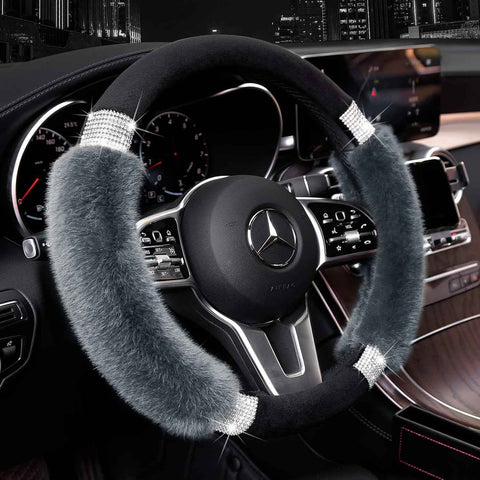 Rhinestone Fluffy Steering Wheel Cover - Comfortable Non-Slip Luxury Faux Wool, Universal Fit for 14.5" to 15" Steering Wheels