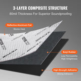Darrahopens Auto Accessories > Auto Accessories Others > Automotive Decor VEVOR Car Sound Deadening Mat, 80 mil 3.3sq.m Car Sound Dampening Material, Butyl Automotive Sound Deadener, Noise Insulation and Vibration Dampening Material for Car