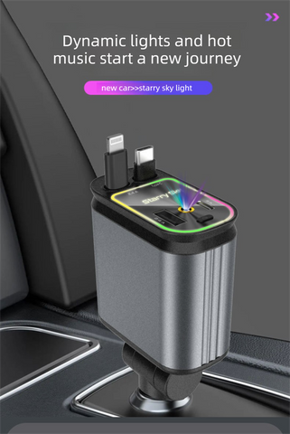 Darrahopens Auto Accessories > Auto Accessories Others > Automotive Parts 4-in-1 Retractable Car Charger Adapter 120W Max Fast Charging Dual Cables Type-C & Lightning Starry Sky Projector Light 12V-24V for iPhone Samsung