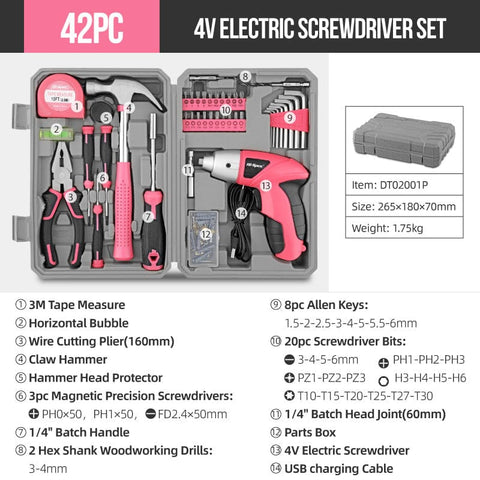 Darrahopens Auto Accessories > Auto Accessories Others > Automotive Repair & Speciality Tools Pink 42 Piece Home Tool Set with 4V Cordless Electric Screwdriver Kit for DIY Repairs and General Household Maintenance Portable Storage Case
