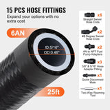 Darrahopens Auto Accessories > Auto Accessories Others > Fuel & Exhaust VEVOR 6AN Fuel Line Kit, 7.62 m Fuel Hose Kit, Nylon Stainless Steel Braided PTFE Fuel Line Kit, E85/Oil/Gas/Diesel Hose End Fitting Kit, with 15 PCS Swivel Fitting Adapter Kit, Black