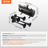 Darrahopens Auto Accessories > Auto Accessories Others > Fuel & Exhaust VEVOR Train Horns Kit, 4 Trumpet Air Horn Kit, 150dB Train Horns for Pickup Trucks, 12V 120 psi Air Compressor 0.8 Gal/3 L Tank with Gauge for Any 12V Vehicle Car Truck Train Van Boat