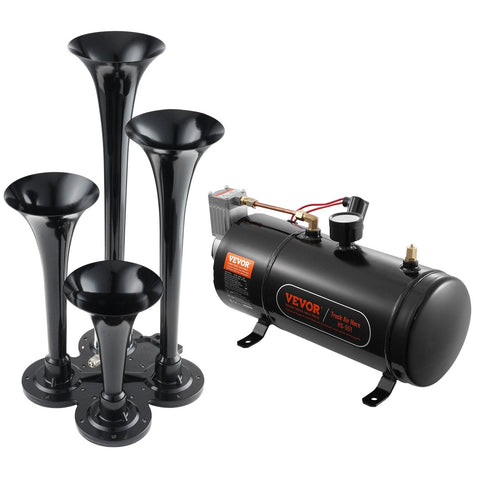 Darrahopens Auto Accessories > Auto Accessories Others > Fuel & Exhaust VEVOR Train Horns Kit, 4 Trumpet Air Horn Kit, 150dB Train Horns for Pickup Trucks, 12V 120 psi Air Compressor 0.8 Gal/3 L Tank with Gauge for Any 12V Vehicle Car Truck Train Van Boat