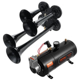 Darrahopens Auto Accessories > Auto Accessories Others > Fuel & Exhaust VEVOR Train Horns Kit, 4 Trumpet Air Horn Kit, 150dB Train Horns for Pickup Trucks, 12V 120 psi Air Compressor 0.8 Gal/3 L Tank with Gauge for Any 12V Vehicle Car Truck Train Van Boat