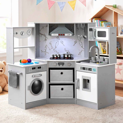 Darrahopens Baby & Kids > Baby & Kid's Toys > Activity Toys Keezi 112cm Wooden Pretend Kitchen Playset Kids Toy Sink Stove Grey In Australia - Darrahopens