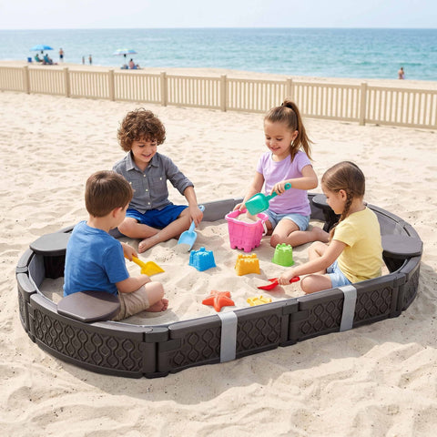 Darrahopens Baby & Kids > Baby & Kid's Toys > Activity Toys Keezi Kids Sandpit Toys Outdoor Sandbox Oval Sand Pit 4 Seats Grey Cover In Australia - Darrahopens