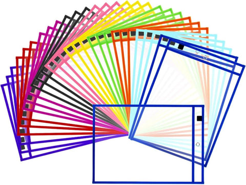 Darrahopens Baby & Kids > Baby & Kid's Toys > Art & Drawing Toys Erasable and Writable Folders - Pack of 30 | Includes 30 water-based whiteboard markers and 1 eraser - Transparent plastic folders/protective sleeves - Drawing and tracing bags for young children - Erasable and writable - Random colors
