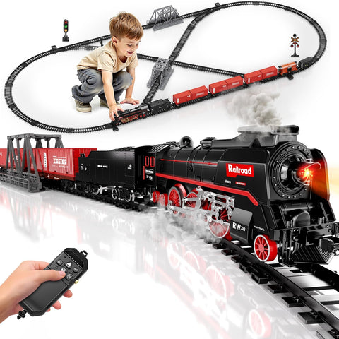 Darrahopens Baby & Kids > Baby & Kid's Toys > Building Toys Model Train Set, Remote Control Train Toys with 3Way Smoke Locomotive, 5 Train Cars, Luxury Track Kit, Authentic Train Sounds & Lights, Rechargeable Battery, Top Present for Train Lovers (Black)