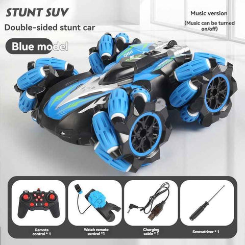 Darrahopens Baby & Kids > Baby & Kid's Toys > Outdoor Play Equipment 2.4G remote control car, electric stunt car, drifting car, spray function, kids toy car, double-sided stunt car, watch remote control, outdoor RC toy, rechargeable toy car - black and blue - Size Dual-control In Australia - Darrahopens