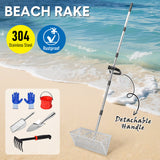 Darrahopens Baby & Kids > Baby & Kid's Toys > Outdoor Play Equipment Beach Rake Stainless Steel Sand Flea Rake 140cm Long Detachable Handle and Shark Tooth Wide Sifter for Easy Sand Flea Removal with Bonus Basket and Tools
