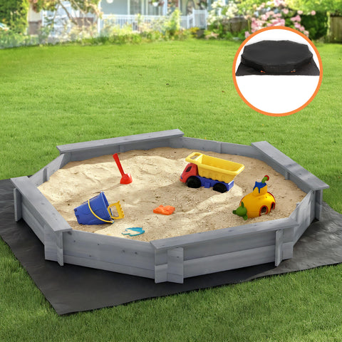Darrahopens Baby & Kids > Baby & Kid's Toys > Outdoor Play Equipment Keezi Kids Sandpit Wooden Round Sand Pit with Cover Bench Seat Beach Toys 182cm Grey