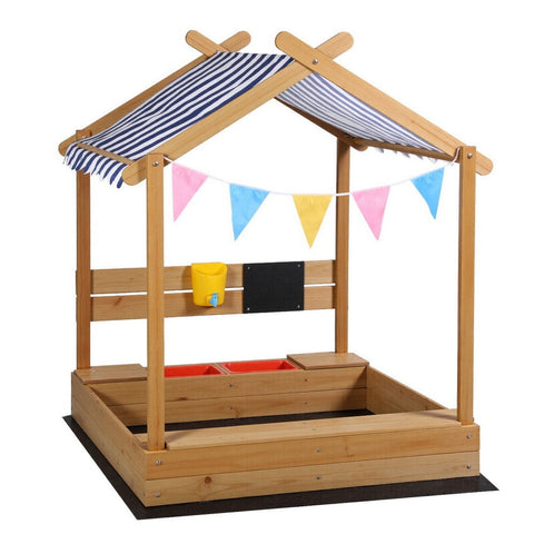 Darrahopens Baby & Kids > Baby & Kid's Toys > Outdoor Play Equipment Keezi Kids Sandpit Wooden Sandbox Sand Pit with Canopy Water Basin Toys 146cm