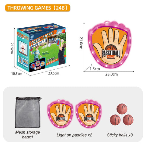 Darrahopens Baby & Kids > Baby & Kid's Toys > Outdoor Play Equipment LED Light Up Toss and Catch Game Set - 2 Glowing Pink Paddles & 3 Sticky Basketball - Fun Outdoor Beach & Camping Toy for Kids & Adults - Includes Mesh Storage Bag