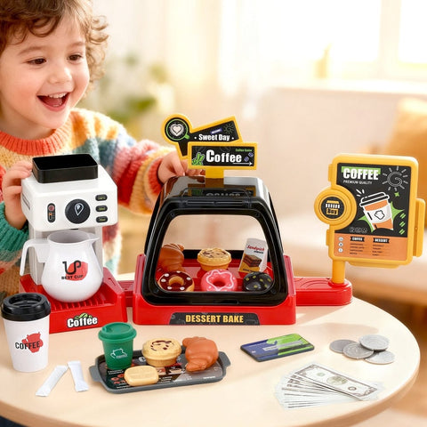 Darrahopens Baby & Kids > Baby & Kid's Toys > Pretend Play Keezi Kids Pretend Role Play Toy Coffee Shop with Coffee Maker Machine Play Money Food Tea Party Set