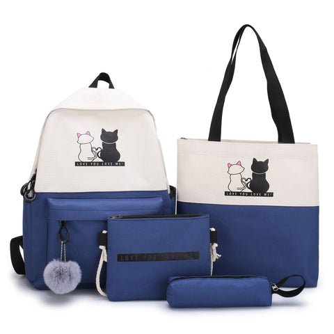 Darrahopens Baby & Kids > Baby & Kids Others > Kid's Backpacks 4-Piece Blue Student Backpack Set with Cat Print - Durable Canvas School Bag Combo - Includes Backpack, Tote Bag, Crossbody Bag & Pencil Case