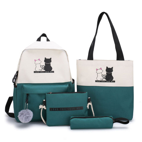 Darrahopens Baby & Kids > Baby & Kids Others > Kid's Backpacks 4-Piece Green Student Backpack Set with Cat Print - Durable Canvas School Bag Combo - Includes Backpack, Tote Bag, Crossbody Bag & Pencil Case