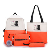 Darrahopens Baby & Kids > Baby & Kids Others > Kid's Backpacks 4-Piece Orange Student Backpack Set with Cat Print - Durable Canvas School Bag Combo - Includes Backpack, Tote Bag, Crossbody Bag & Pencil Case