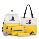Darrahopens Baby & Kids > Baby & Kids Others > Kid's Backpacks 4-Piece Yellow Student Backpack Set with Cat Print - Durable Canvas School Bag Combo - Includes Backpack, Tote Bag, Crossbody Bag & Pencil Case