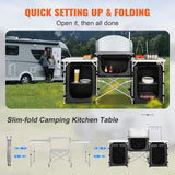 Darrahopens Baby & Kids > Kid's Furniture > Changing Tables VEVOR Camping Kitchen Table, Folding Outdoor Cooking Table with Storage Carrying Bag, Aluminum Cook Station 3 Cupboard & Detachable Windscreen, Quick Set-up for Picnics, BBQ, RV Traveling, Black