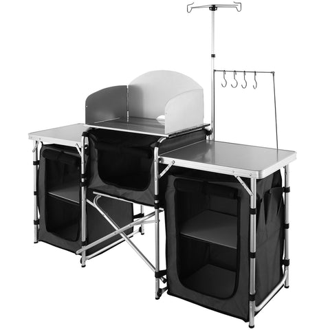 Darrahopens Baby & Kids > Kid's Furniture > Changing Tables VEVOR Camping Kitchen Table, Folding Outdoor Cooking Table with Storage Carrying Bag, Aluminum Cook Station 3 Cupboard & Detachable Windscreen, Quick Set-up for Picnics, BBQ, RV Traveling, Black