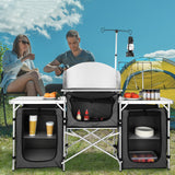Darrahopens Baby & Kids > Kid's Furniture > Changing Tables VEVOR Camping Kitchen Table, Folding Outdoor Cooking Table with Storage Carrying Bag, Aluminum Cook Station 3 Cupboard & Detachable Windscreen, Quick Set-up for Picnics, BBQ, RV Traveling, Black