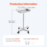 Darrahopens Baby & Kids > Kid's Furniture > Changing Tables VEVOR Mayo Stand, Stainless Steel Mayo Tray, Load Capacity up to 35 lbs, Adjustable Height 25.2"-39.8", Medical Tray on Wheels with Removable Tray for Spa, Salon, Clinic, Personal Care